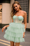 Vert clair Une ligne sans bretelles Corset Robe De Cocktail à plusieurs niveaux