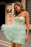 Vert clair Une ligne sans bretelles Corset Robe De Cocktail à plusieurs niveaux