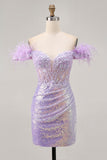 Robe courte corset à paillettes lilas scintillantes à épaules dénudées