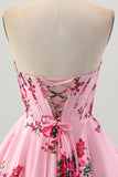 Fleur rose A-ligne Sweetheart Satin Corset Robe De Cocktail