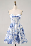 Blanc Bleu Fleur Une Ligne Sans Bretelles Corset Robe De Cocktail