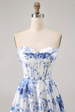 Blanc Bleu Fleur Une Ligne Sans Bretelles Corset Robe De Cocktail