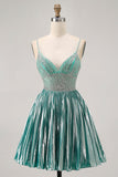 Satin métallisé Vert A Ligne Spaghetti Bretelles Paillettes Robe De Cocktail