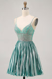 Satin métallisé Vert A Ligne Spaghetti Bretelles Paillettes Robe De Cocktail