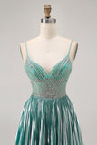 Satin métallisé Vert A Ligne Spaghetti Bretelles Paillettes Robe De Cocktail