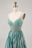 Satin métallisé Vert A Ligne Spaghetti Bretelles Paillettes Robe De Cocktail