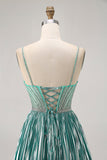 Satin métallisé Vert A Ligne Spaghetti Bretelles Paillettes Robe De Cocktail