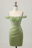 Vert Épaule Dénudée Corset Paillettes moulante Robe De Cocktail