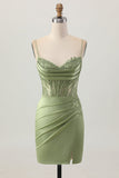 Corset vert sauge serré court froncé satin Robe De Cocktail avec appliques