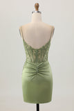 Corset vert sauge serré court froncé satin Robe De Cocktail avec appliques