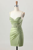 Corset vert sauge serré court froncé satin Robe De Cocktail avec appliques