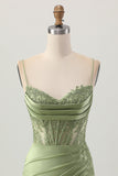 Corset vert sauge serré court froncé satin Robe De Cocktail avec appliques