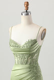 Corset vert sauge serré court froncé satin Robe De Cocktail avec appliques