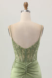 Corset vert sauge serré court froncé satin Robe De Cocktail avec appliques