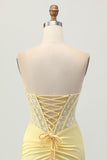 Corset en satin jaune Robe courte de retour à la maison avec lacets dans le dos