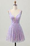 Paillettes A Line Robe courte à col en V lilas pour les retrouvailles