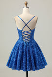 Paillettes bleu foncé Une ligne corset courte Robe de retour