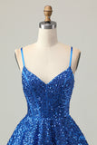 Paillettes bleu foncé Une ligne corset courte Robe de retour