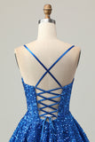 Paillettes bleu foncé Une ligne corset courte Robe de retour