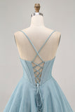 Corset bleu gris Une ligne spaghetti bretelles Robe de bal