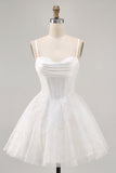 Corset trapèze blanc bretelles spaghetti robe de bal en satin avec appliques