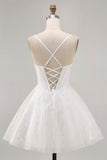 Corset trapèze blanc bretelles spaghetti robe de bal en satin avec appliques