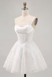 Corset trapèze blanc bretelles spaghetti robe de bal en satin avec appliques