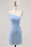 Robe de cocktail à une épaule bleue scintillante avec fente