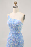 Robe de cocktail à une épaule bleue scintillante avec fente