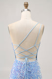 Robe de cocktail à une épaule bleue scintillante avec fente