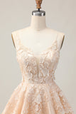 Abricot A Line Spaghetti Straps Floral Robe Courte Retrouvailles Avec Appliques
