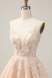 Abricot A Line Spaghetti Straps Floral Robe Courte Retrouvailles Avec Appliques