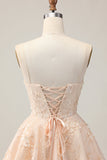 Abricot A Line Spaghetti Straps Floral Robe Courte Retrouvailles Avec Appliques