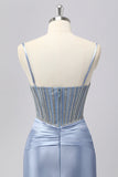 Gris scintillant bleu spaghetti bretelles sirène robe de bal en satin avec strass