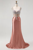 Robe de soirée sirène blush à bretelles fines corset décoré de strass