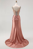 Robe de soirée sirène blush à bretelles fines corset décoré de strass