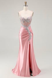 Blush Sirène Corset Sequin Robe de Bal Longue avec Fente à Volants