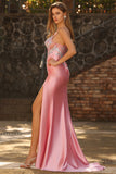 Corset Sirène Blush Sequins Longue robe de bal en satin avec fente