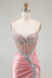 Blush Sirène Corset Sequin Robe de Bal Longue avec Fente à Volants