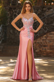 Corset Sirène Blush Sequins Longue robe de bal en satin avec fente