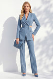 Costume de bal femme 2 pièces gris bleu à revers crantés avec découpes