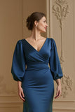 Sirène Satin Col V Marine Robe d’invitée de mariage avec manches 3/4
