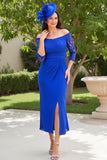 Robe d’invitée de mariée en dentelle bleu royal à épaule dénudée froncée