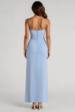 Bleu clair spaghetti bretelles fourreau froncé longue robe de demoiselle d’honneur