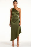 Olive une épaule satin thé longueur robe de demoiselle d’honneur