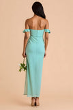 Robe de demoiselle d’honneur longue fourreau à épaules dénudées vert menthe