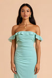 Robe de demoiselle d’honneur longue fourreau à épaules dénudées vert menthe
