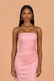 Blush Robe de demoiselle d’honneur longue sans bretelles en satin froncé