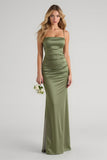 Olive satin froncé spaghetti bretelles longue gaine robe de demoiselle d’honneur