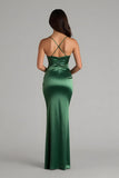 Vert foncé spaghetti bretelles satin sirène longue robe de demoiselle d’honneur